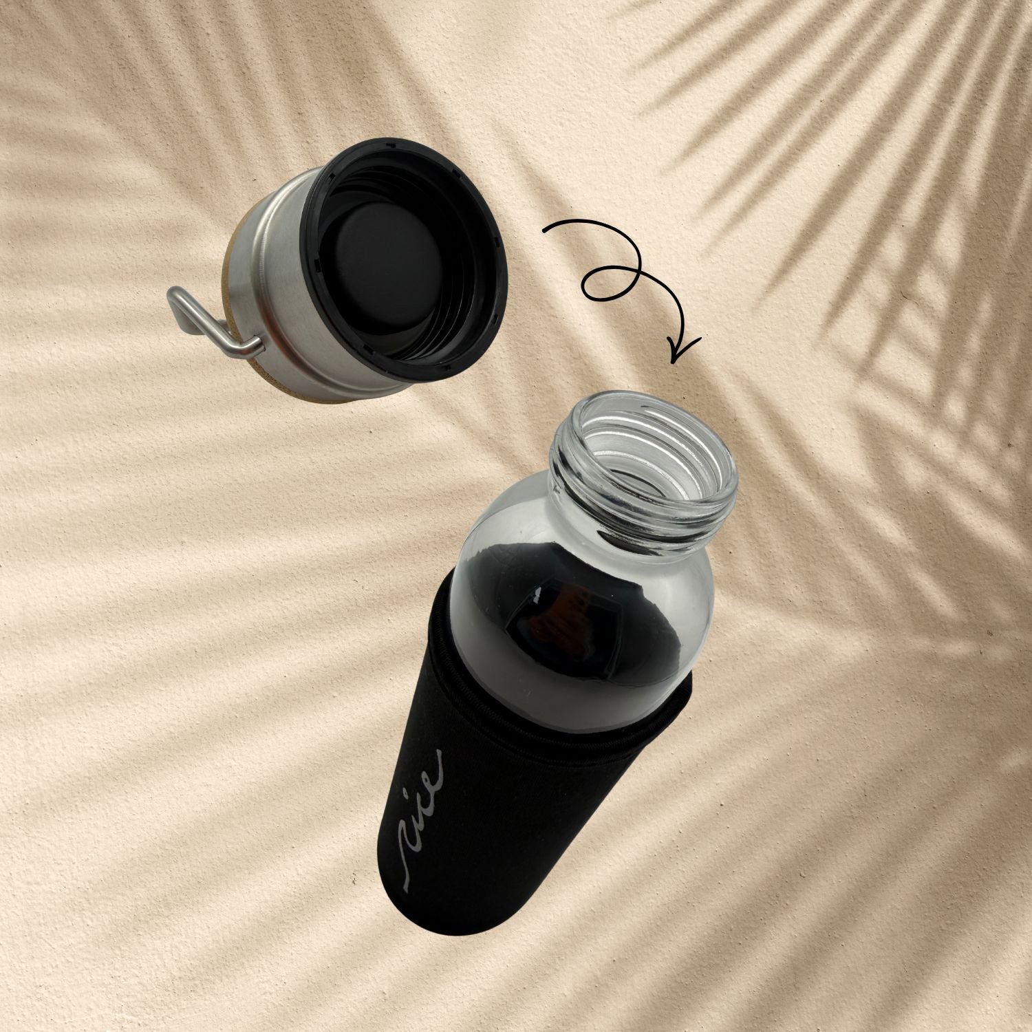 Detailansicht des Bambus-Edelstahl-Deckels der Nice Wave Glas-Trinkflasche – BPA-frei und geschmacksneutral