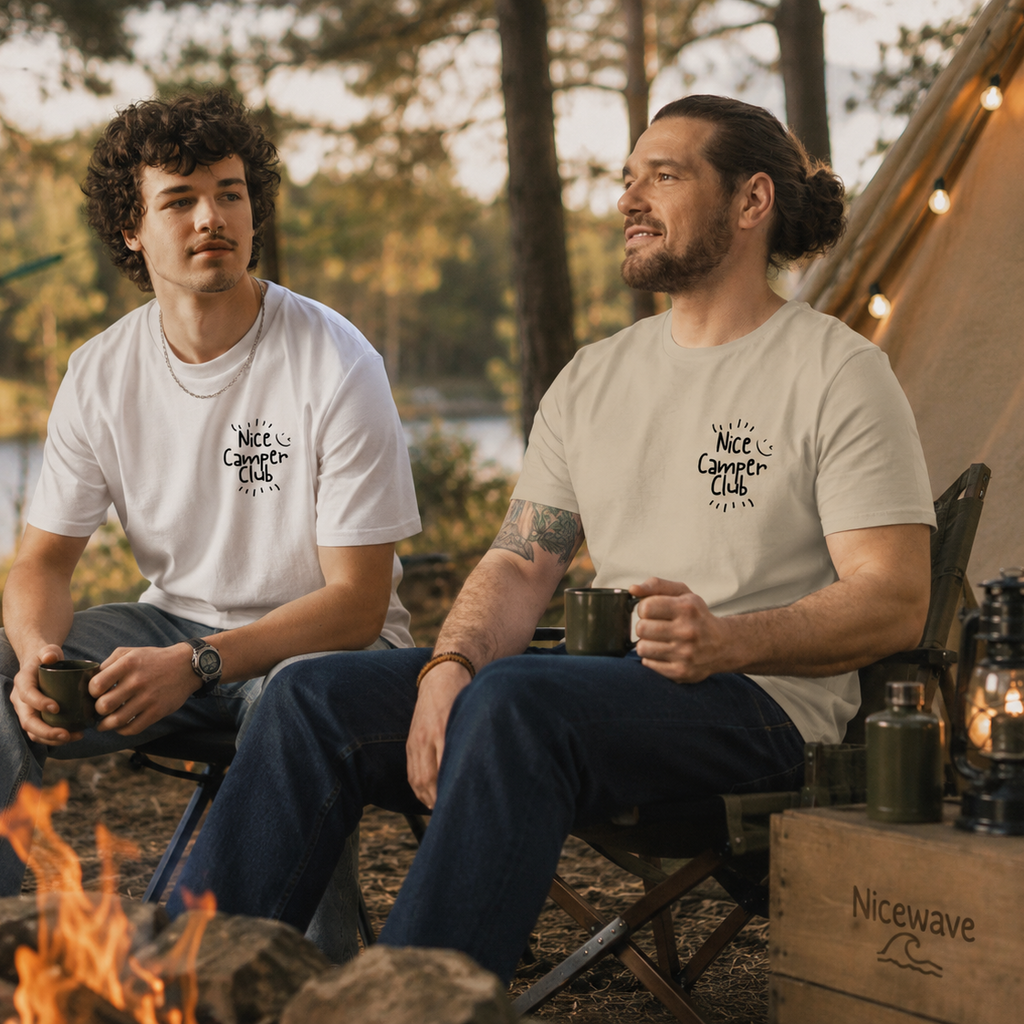 Nachhaltige Vanlife Streetwear – Paar trägt Nice Camper Club Shirts vor Camper Van bei Sunset von nice wave