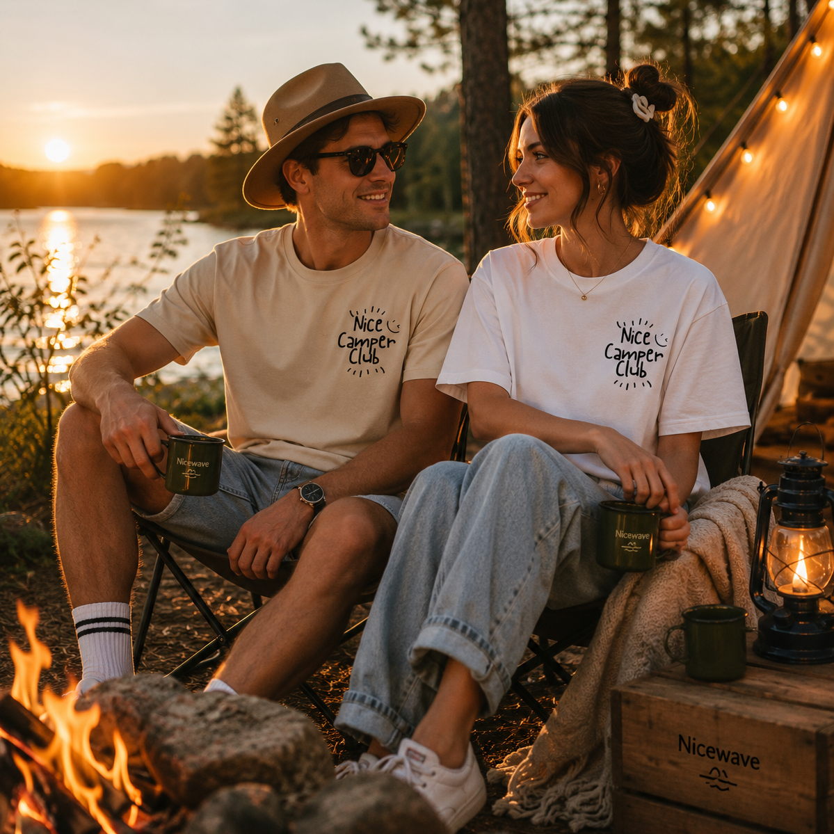 Pärchen im Nice Camper Club Unisex Bio-Baumwoll T-Shirt beim Camping im Sonnenuntergang von nice wave