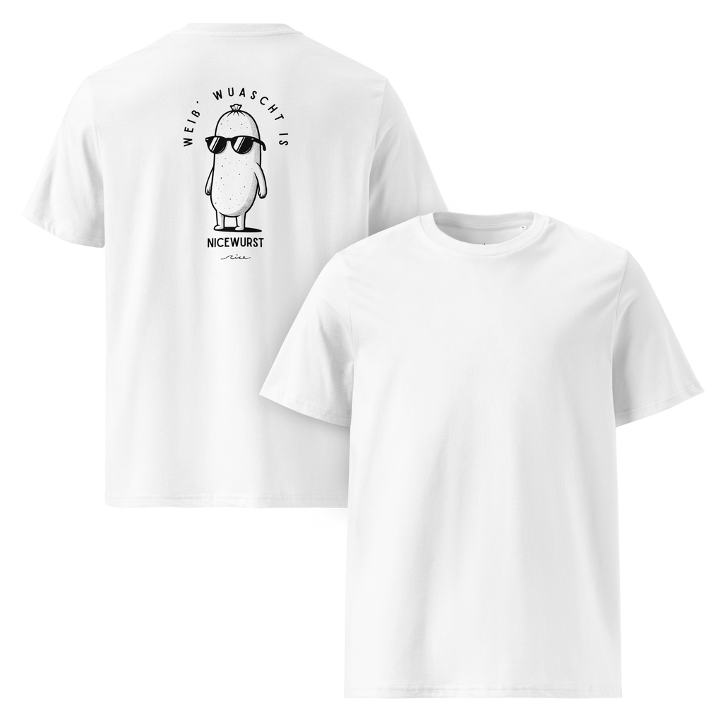 Nicewurst Unisex Bio T-Shirt in Weiß mit cooler Weißwurst-Figur in Sonnenbrille und dem Spruch 'Weiß'wuascht is' in schwarzer Schrift Weiß wurst is