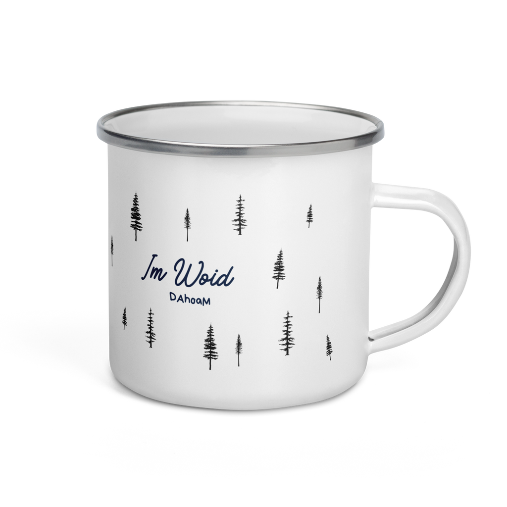 Nachhaltige Emaille-Camping-Tasse von Nice Wave – perfekt für Outdoor, Vanlife & Abenteuer. Minimalistisches Design mit Freiheits-Spirit, robust und langlebig. bayerisch im woid dahoam