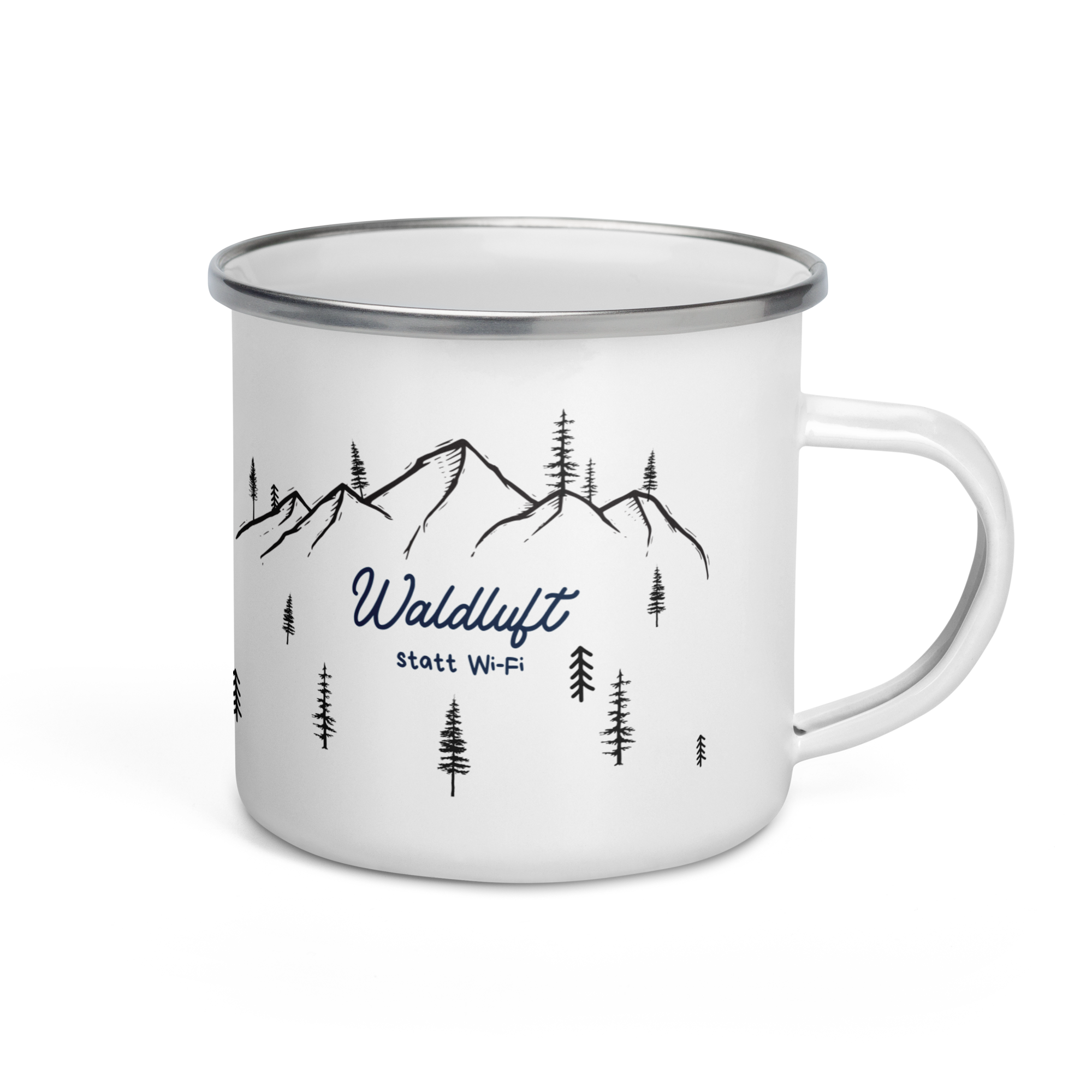 Nachhaltige Emaille-Camping-Tasse von Nice Wave – perfekt für Outdoor, Vanlife & Abenteuer. Minimalistisches Design mit Freiheits-Spirit, robust und langlebig. Waldluft statt wi fi