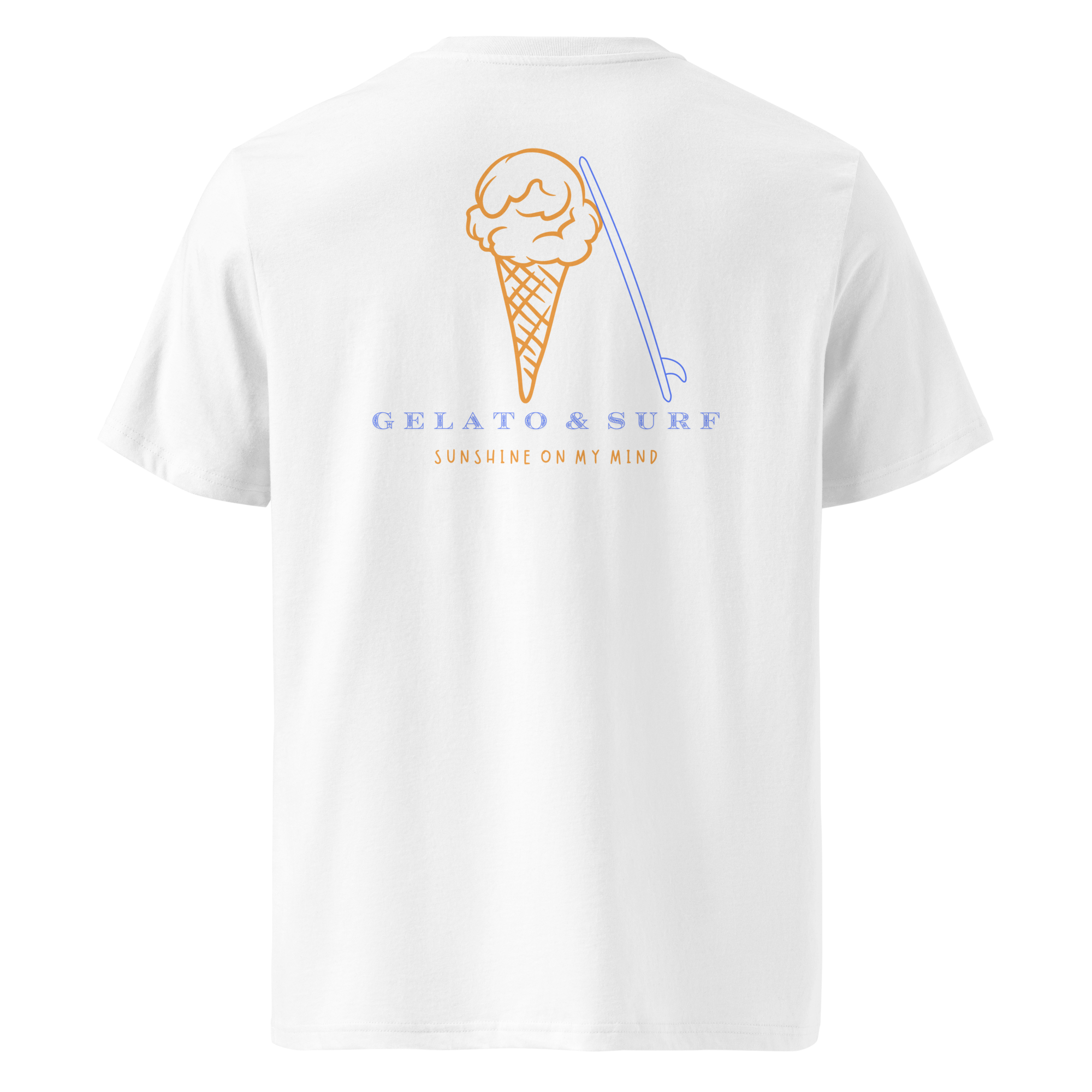 Nachhaltiges Gelato & Surf Bio-Baumwoll Shirt mit Eiscreme und Surfbrett Print von nice wave für freigeister surfer nd eis lover