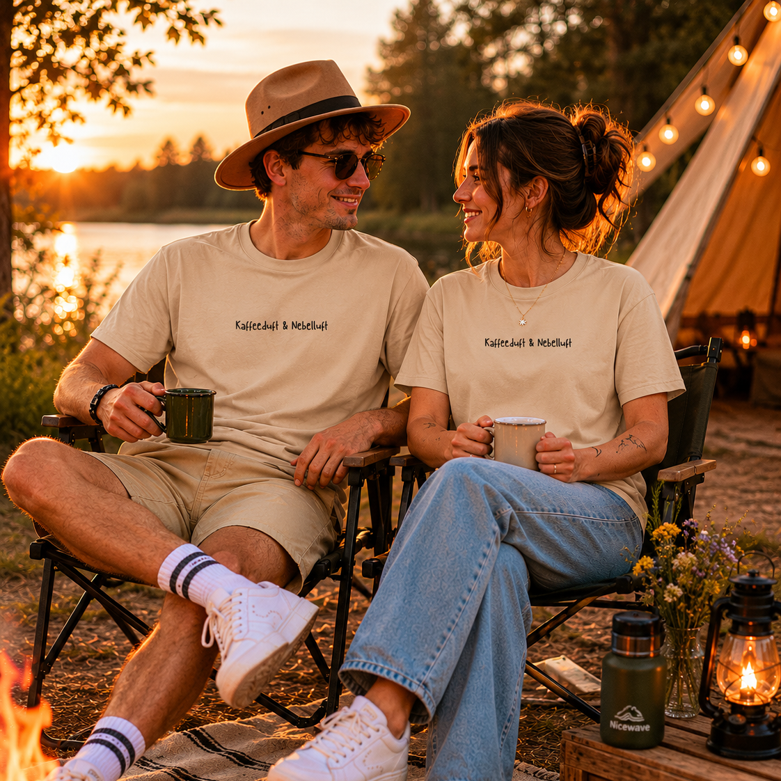 Camper-Pärchen vor einem Wohnmobil im bayerischen Wald bei Nebel am Morgen, passend zum kaffeduft und nebelluft Vanlife-T-Shirt von Nice Wave.