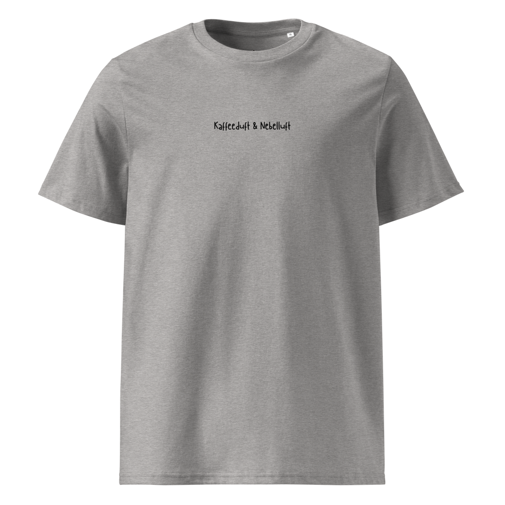Minimalistisches sandfarbenes Bio-Baumwoll-T-Shirt mit dem feinen Brust-Schriftzug kaffeduft und nebelluft, nachhaltige Camping-Bekleidung für Vanlife und Outdoor von Nice Wave.