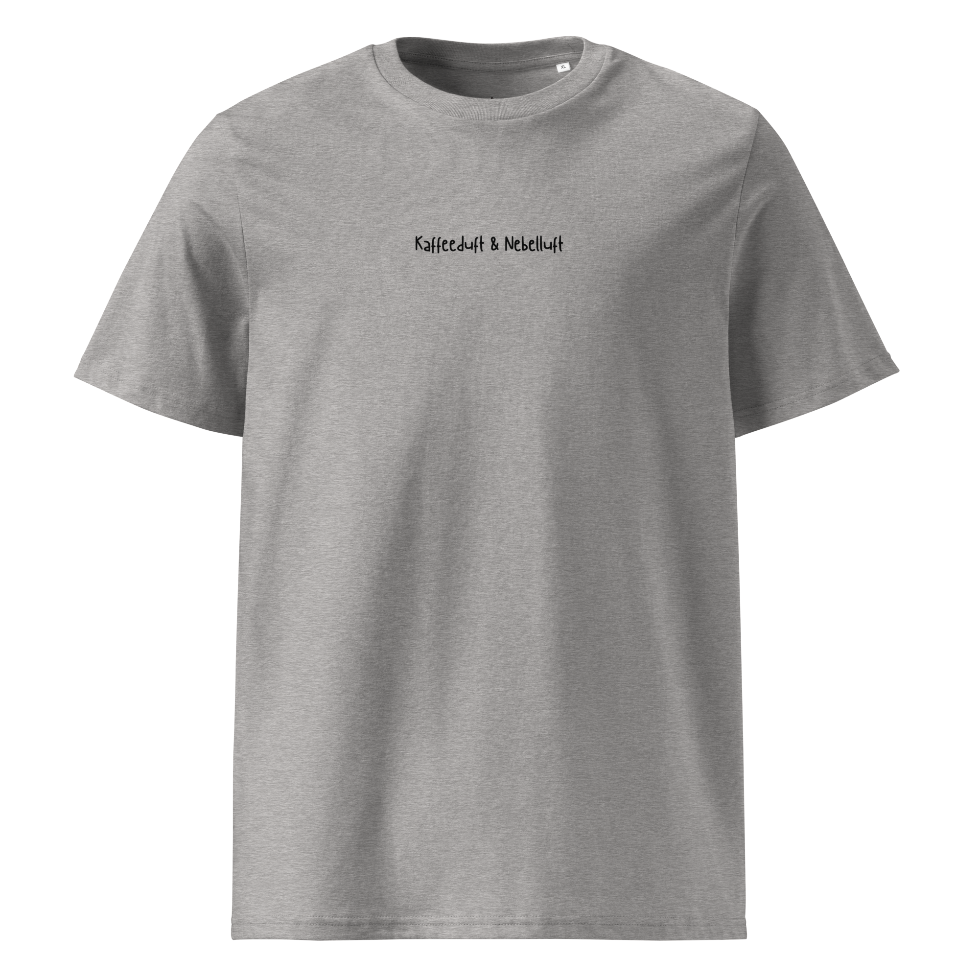 Minimalistisches sandfarbenes Bio-Baumwoll-T-Shirt mit dem feinen Brust-Schriftzug kaffeduft und nebelluft, nachhaltige Camping-Bekleidung für Vanlife und Outdoor von Nice Wave.