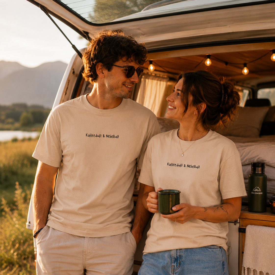 Camper-Pärchen vor einem Wohnmobil im bayerischen Wald bei Nebel am Morgen, passend zum kaffeduft und nebelluft Vanlife-T-Shirt von Nice Wave.