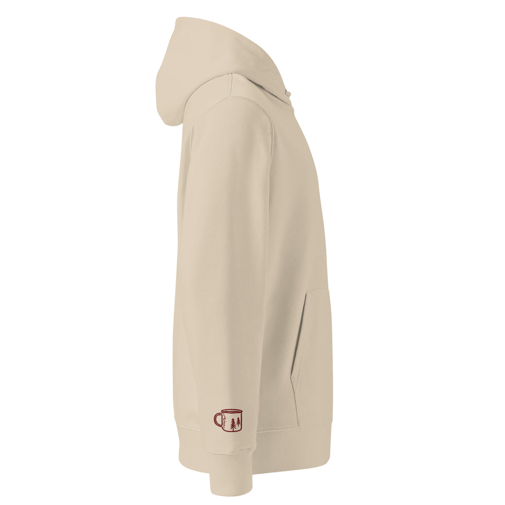 Gemütlicher Bio-Hoodie mit dem Schriftzug Kaffeeduft und Nebelluft in Maroon Weinrot für Outdoor Abenteuer