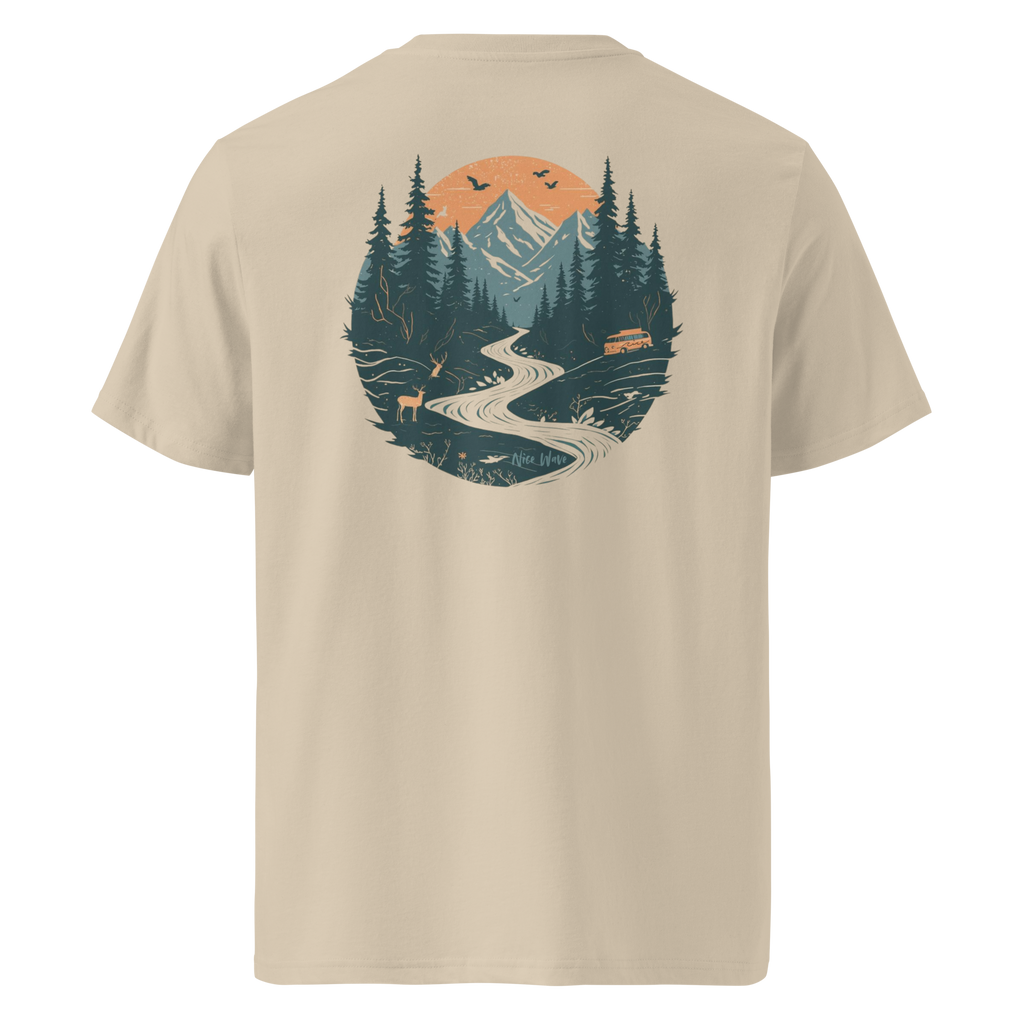 Nachhaltiges Unisex-Bio-T-Shirt von Nice Wave im minimalistischen Design – inspiriert von Freiheit, Natur und Surf-Spirit. Weiche Bio-Baumwolle für Freigeister & camper mode zum fühlen