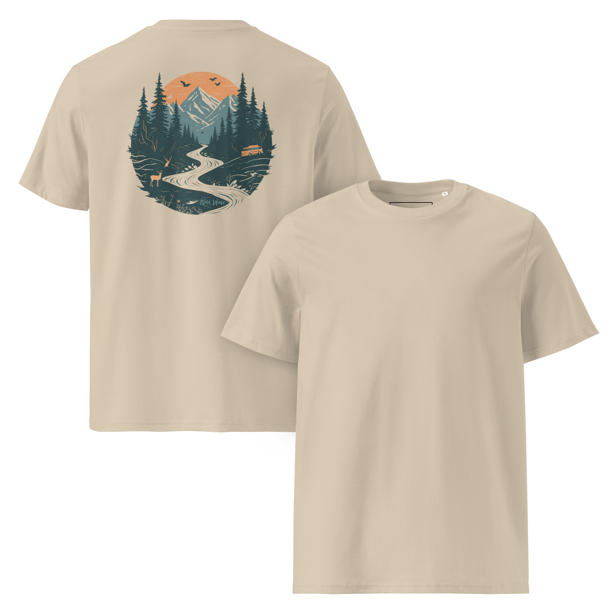 Nachhaltiges Unisex-Bio-T-Shirt von Nice Wave im minimalistischen Design – inspiriert von Freiheit, Natur und Surf-Spirit. Weiche Bio-Baumwolle für Freigeister & camper mode zum fühlen