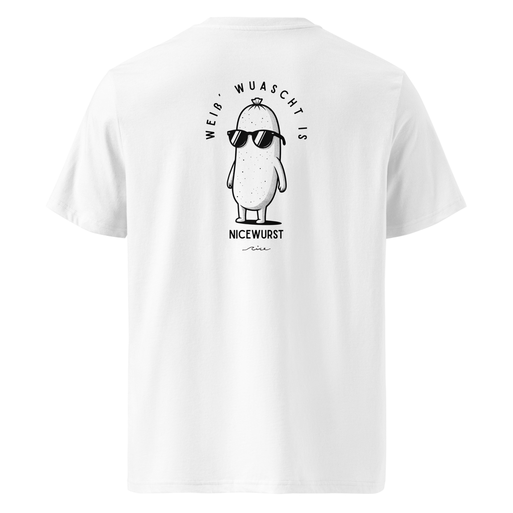 Nicewurst Unisex Bio T-Shirt in Weiß mit cooler Weißwurst-Figur in Sonnenbrille und dem Spruch 'Weiß'wuascht is' in schwarzer Schrift Weiß wurst is. bayerische mode für den bayerischen wald in niederbayern