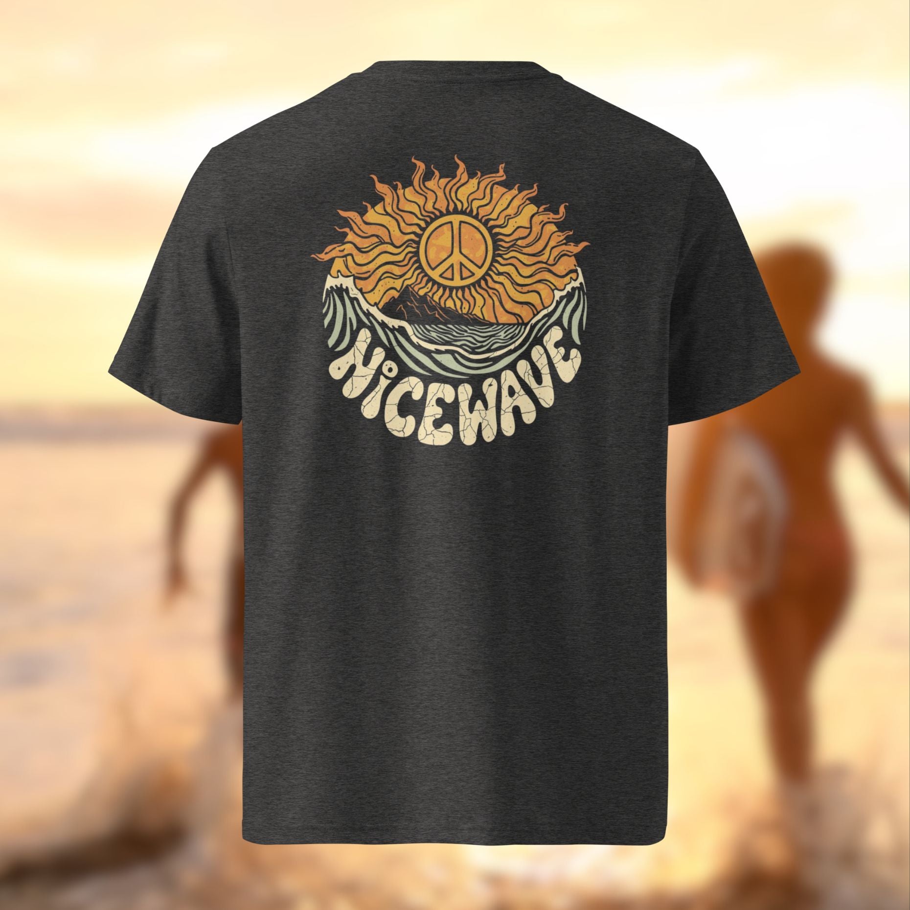 nice wave peace of sun surfer shirt für freigeister und entdecker. eine sonne mit einem peace zeichen und dem schriftzug nice wave 