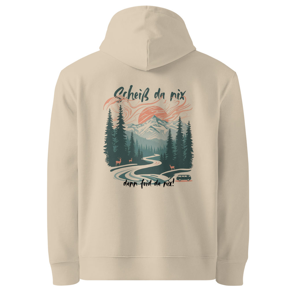 Nice Wave Woid & Wave Hoodie aus Bio-Baumwolle – inspiriert von bayerischem Bergwald, Freiheit und Natur. Nachhaltige Mode mit Seele. scheiß danix dann feid da nix