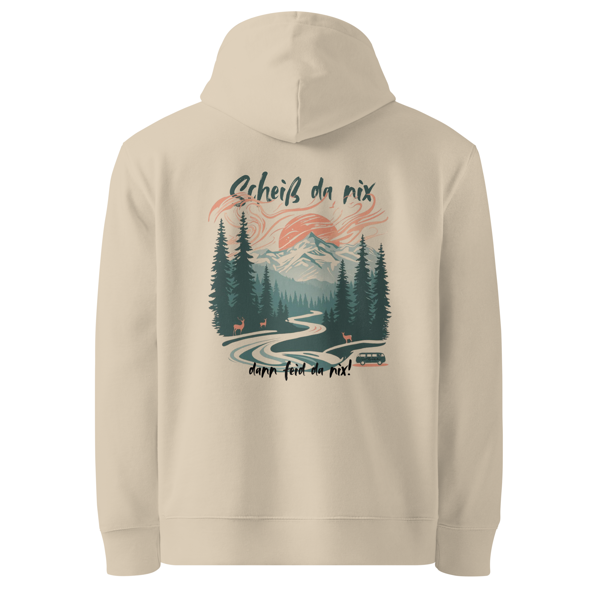 Nice Wave Woid & Wave Hoodie aus Bio-Baumwolle – inspiriert von bayerischem Bergwald, Freiheit und Natur. Nachhaltige Mode mit Seele. scheiß danix dann feid da nix