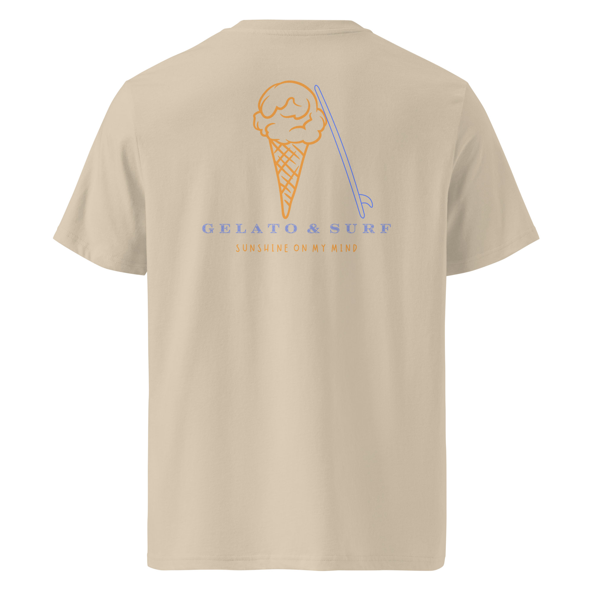 Nachhaltiges Gelato & Surf Bio-Baumwoll Shirt mit Eiscreme und Surfbrett Print von nice wave für freigeister surfer und eis lover