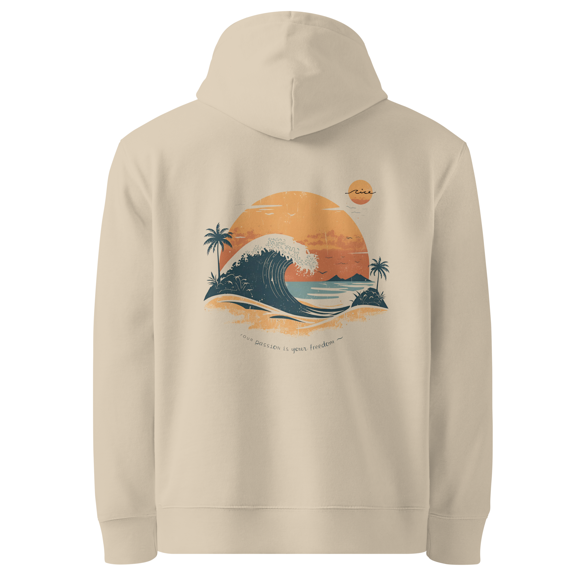 Hoodie in bioaumwolle für reisende entdecker und abenteurer im vanlive camping style outdoor surf look skate style spirit am strand welle im sonnenuntergang goldene stunde backprint