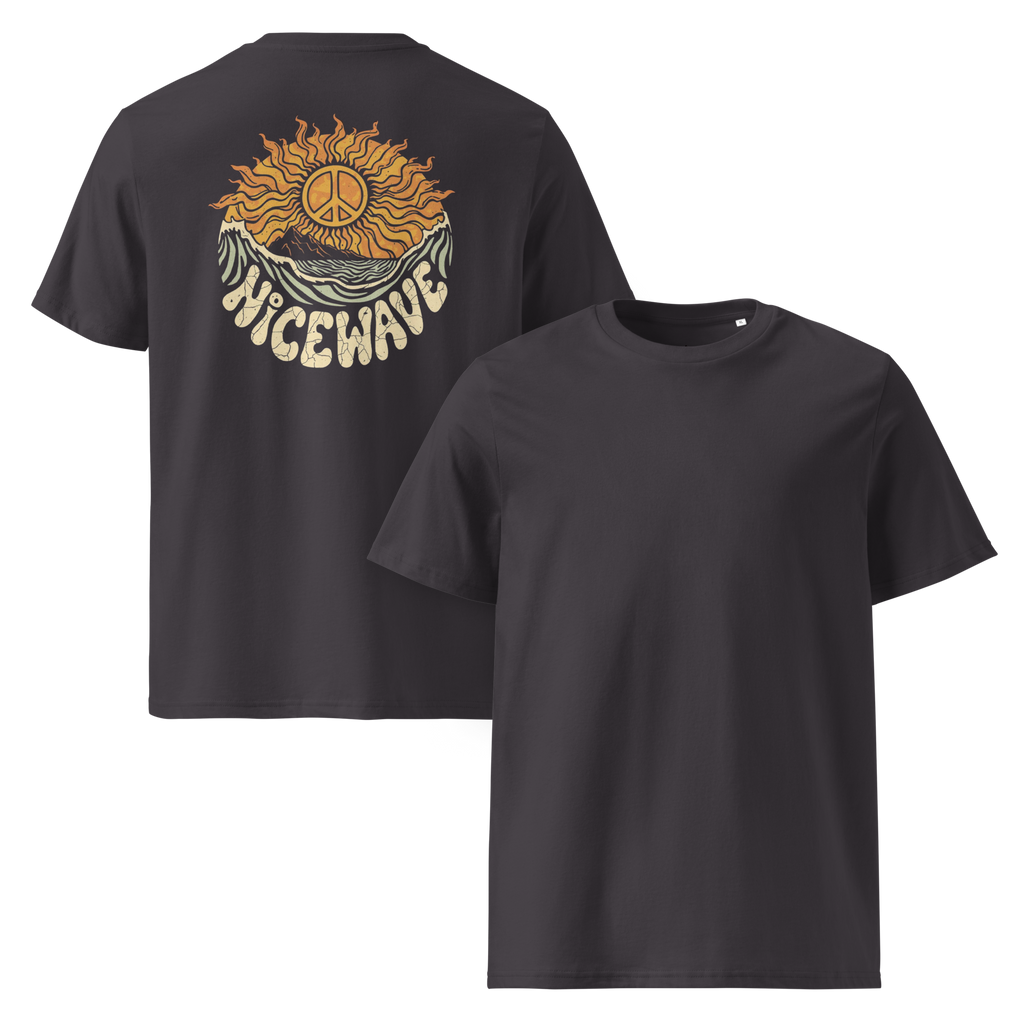 nice wave peace of sun surfer shirt für freigeister und entdecker. eine sonne mit einem peace zeichen und dem schriftzug nice wave peace of sun