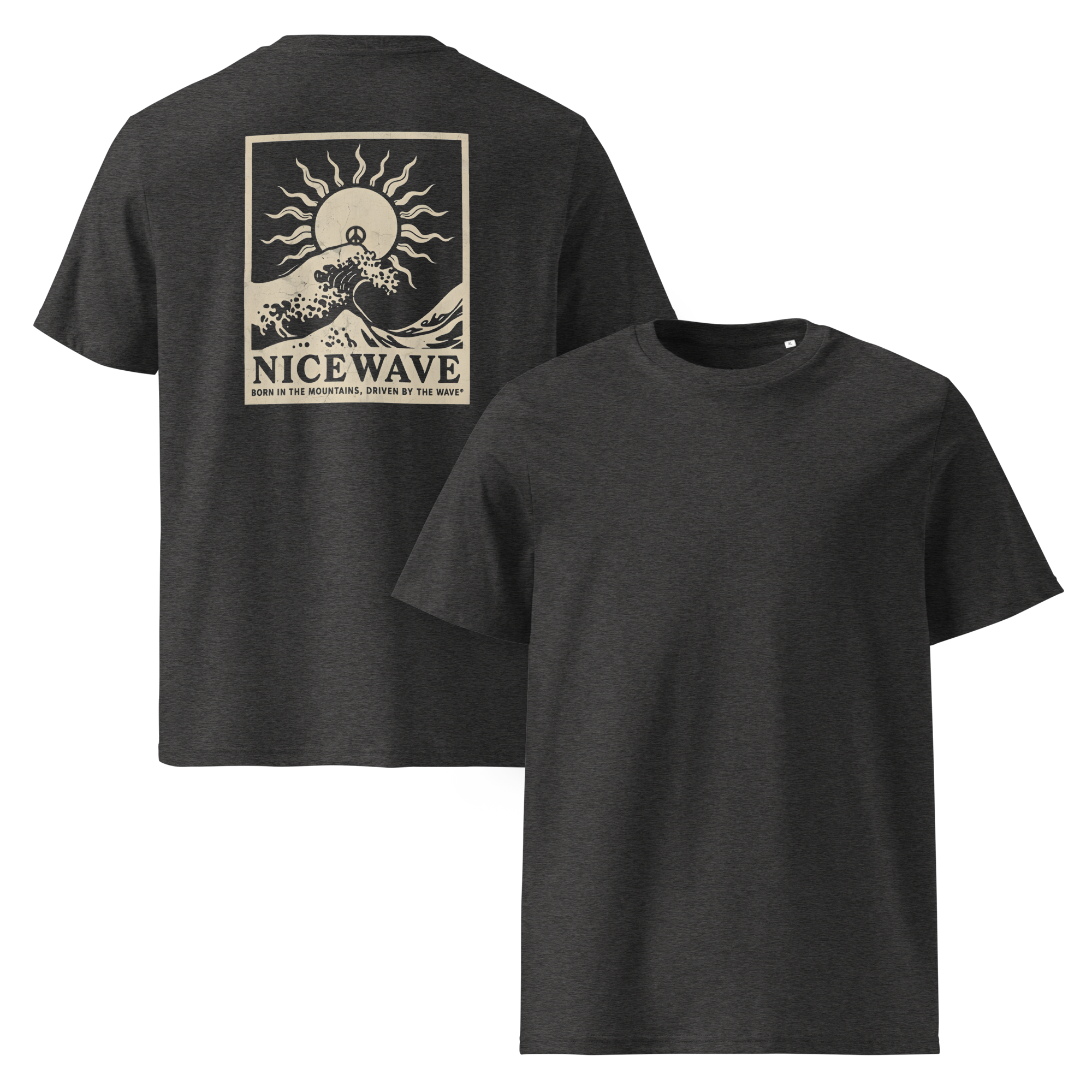Nice Wave T-Shirt „Born in the Mountains – Driving by the Wave“ mit Sonne, Welle, Peace-Zeichen und Retro-Schriftzug im 70s Surf-Boho-Stil