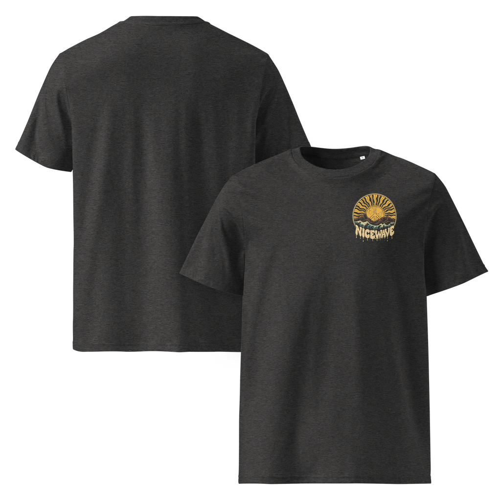 nice wave peace of sun surfer shirt für freigeister und entdecker. eine sonne mit einem peace zeichen und dem schriftzug nice wave hippie vibe