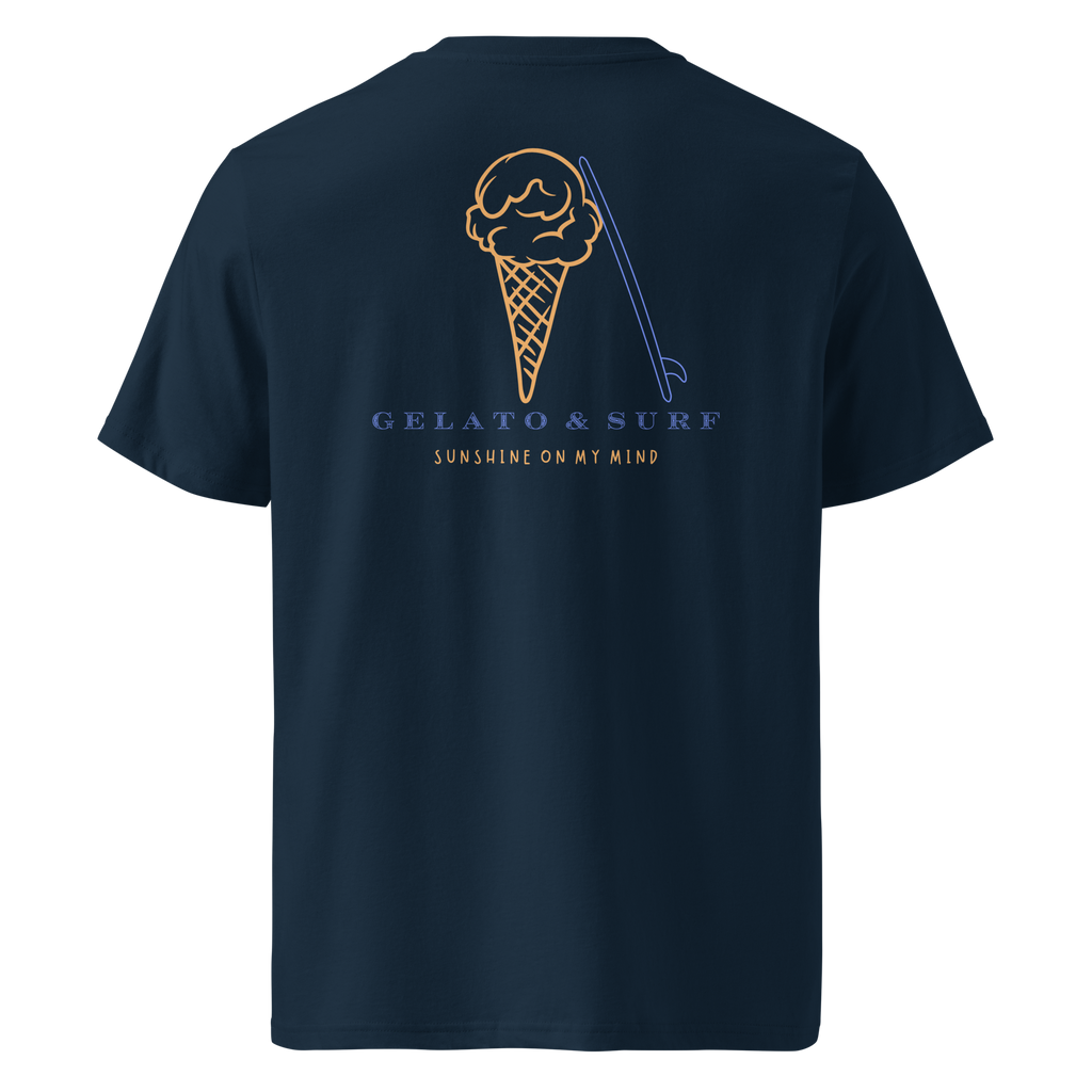 Nachhaltiges Gelato & Surf Bio-Baumwoll Shirt mit Eiscreme und Surfbrett Print von nice wave für freigeister surfer nd eis lover