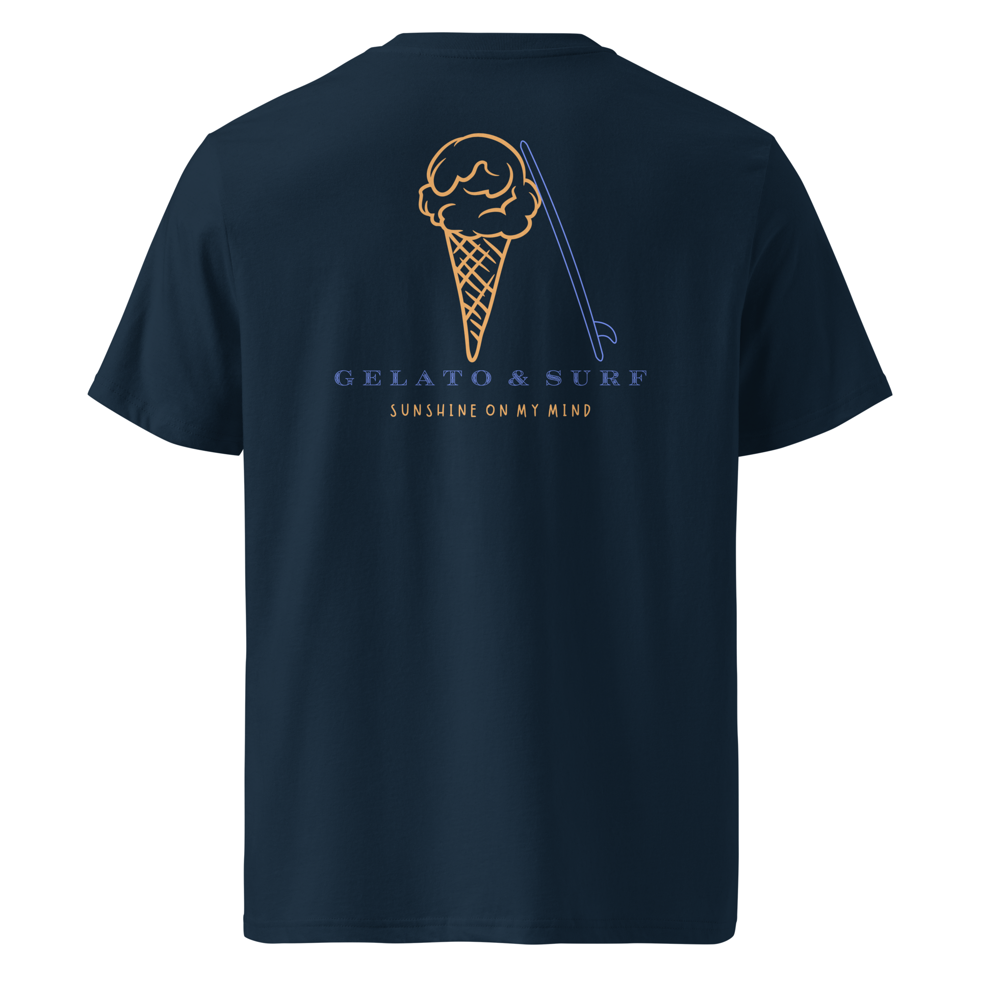 Nachhaltiges Gelato & Surf Bio-Baumwoll Shirt mit Eiscreme und Surfbrett Print von nice wave für freigeister surfer nd eis lover