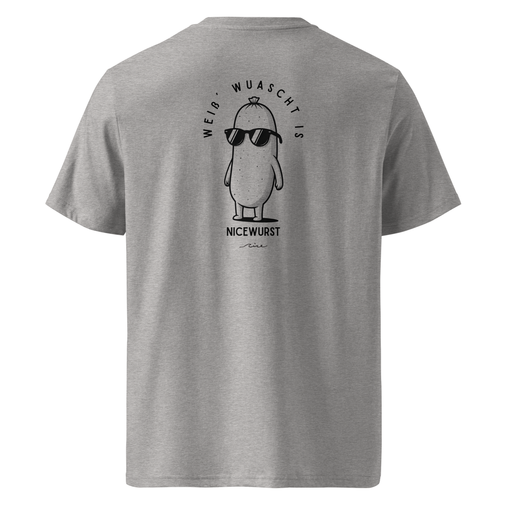 Nicewurst Unisex Bio T-Shirt in grau mit cooler Weißwurst-Figur in Sonnenbrille und dem Spruch 'Weiß'wuascht is' in schwarzer Schrift Weiß wurst is 